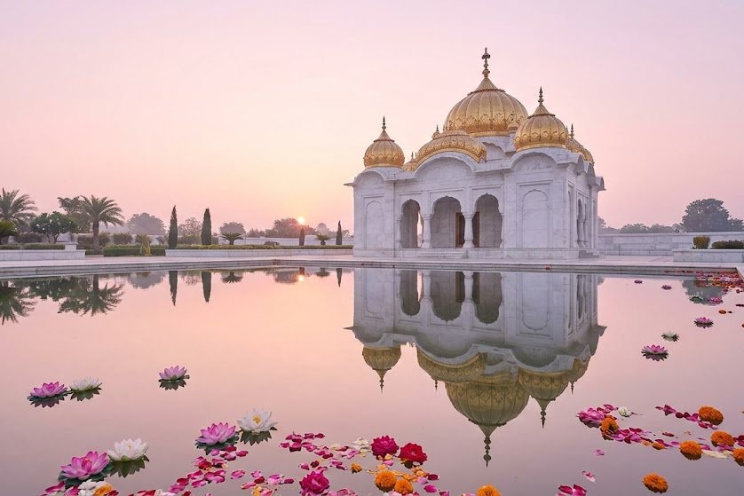 A white marble pavilion with golden domes reflected in a still pool at dawn, lotus flowers and petals on the water.