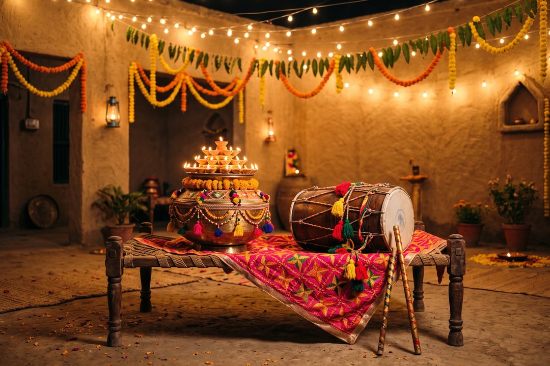 A village courtyard at night: a jaggo pot crowned with lit diyas and a dhol on a phulkari-draped charpai, under strings of lights.