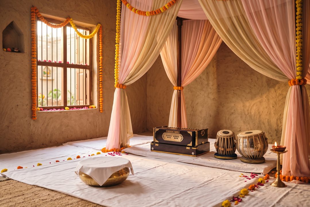 A sunlit room at home laid with white sheets for the path, a harmonium and tabla under a pastel canopy hung with marigolds.