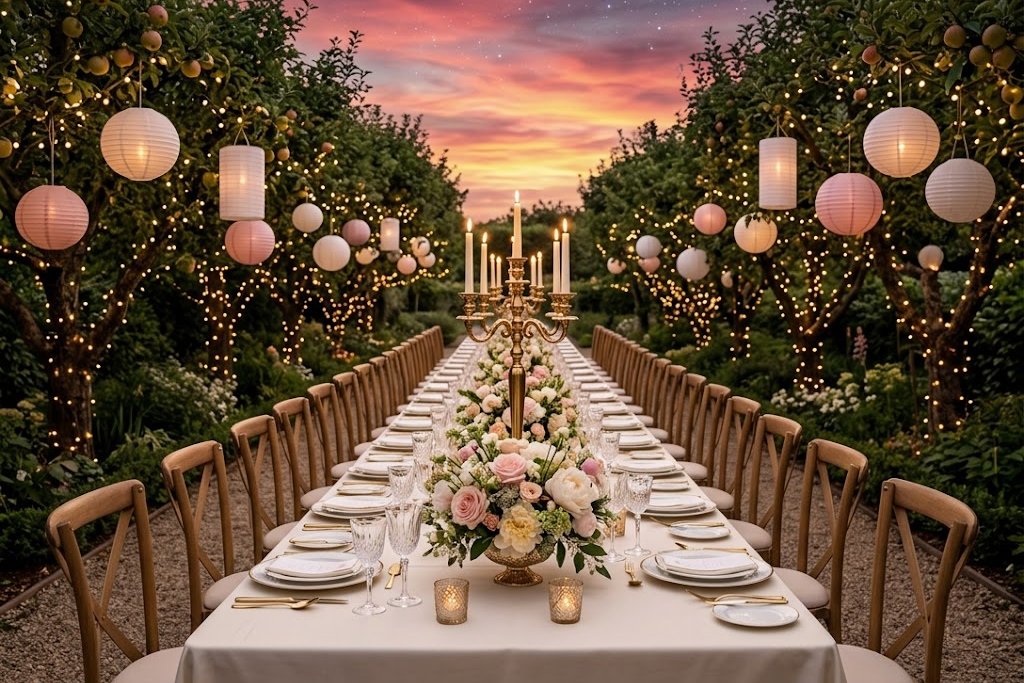 A long candlelit table in an orchard at dusk, under paper lanterns and fairy lights.