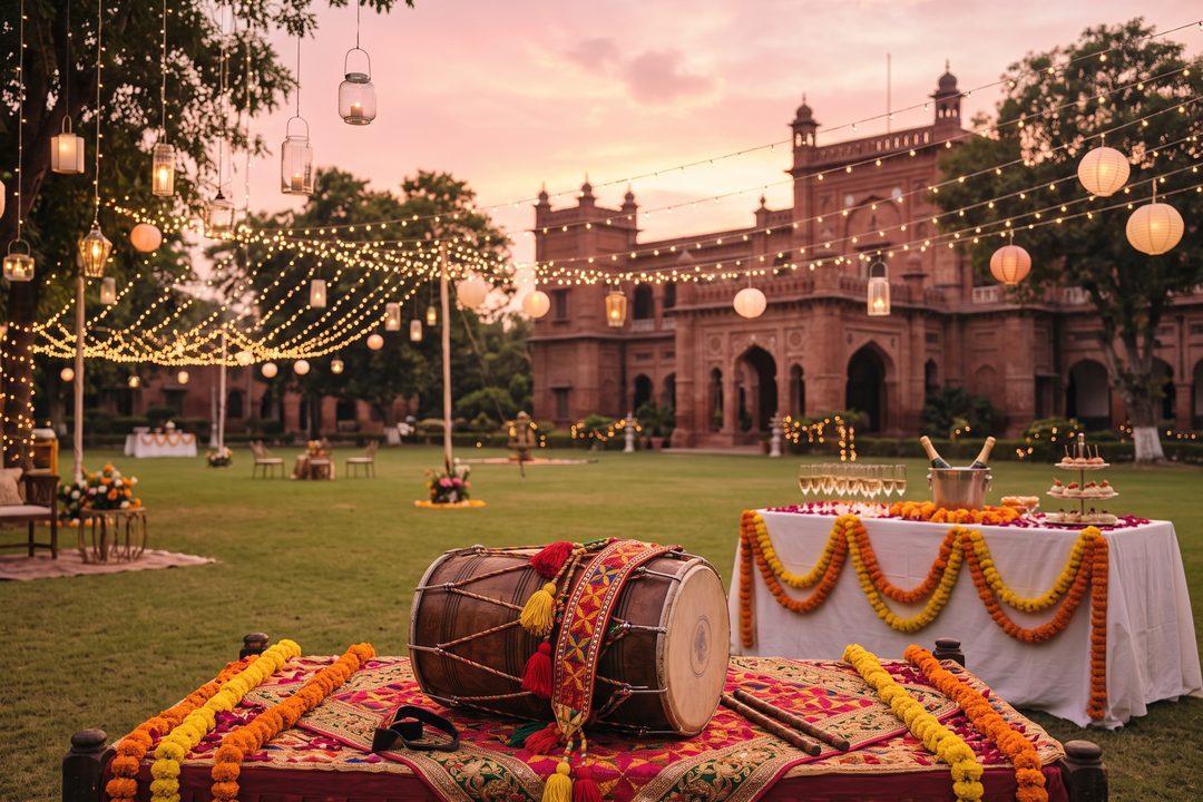 A dhol on a marigold-draped stage in a red-brick college lawn at dusk, with a champagne table, lanterns and fairy lights.